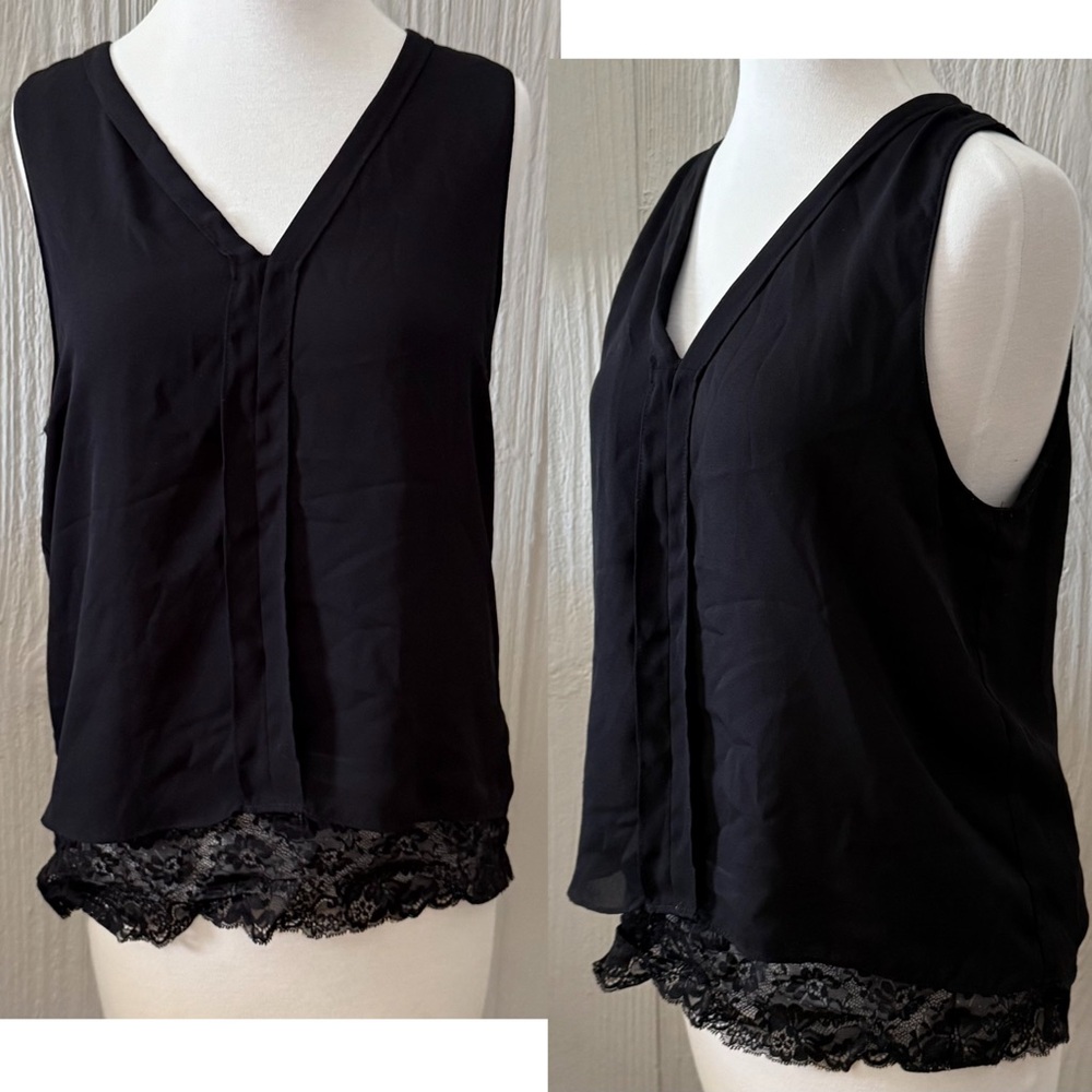 Paper Crane Double-Layered Black Sleeveless Blouse with Lace Details Size Large
